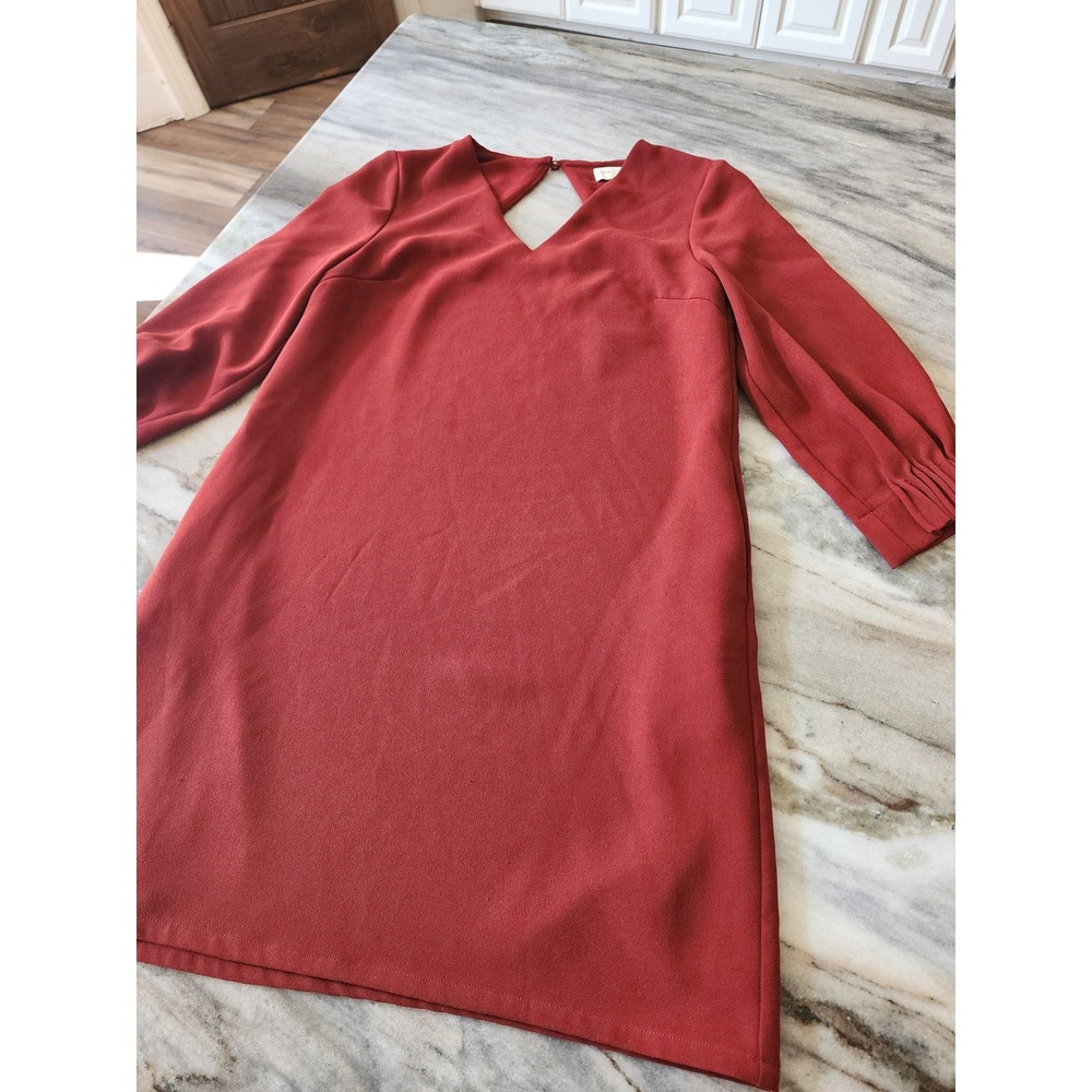 Boutique Womens Rust Orange V-Neck Long Bishop Sleeve Fall Shift Dress Small